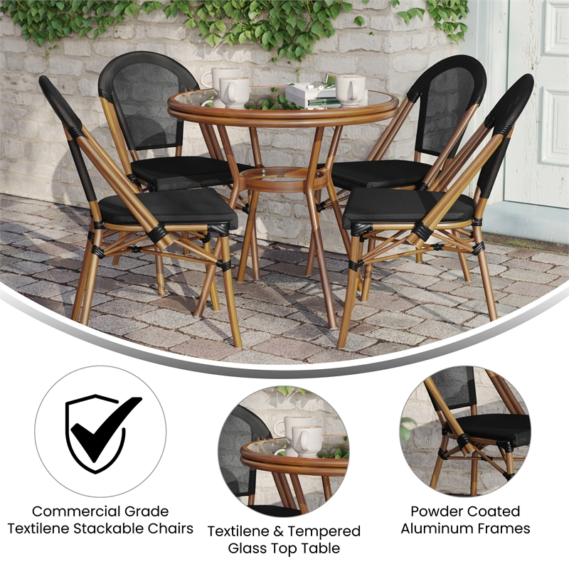 Indoor/Outdoor Commercial Bistro Set with Table and Four Chairs in Black