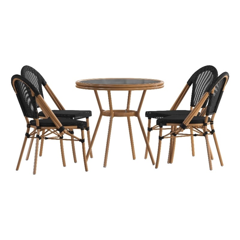Indoor/Outdoor Commercial Bistro Set with Table and Four Chairs in Black
