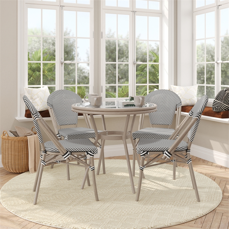Indoor/Outdoor Commercial Bistro Set with Table and 4 Chairs in Blk/Wht