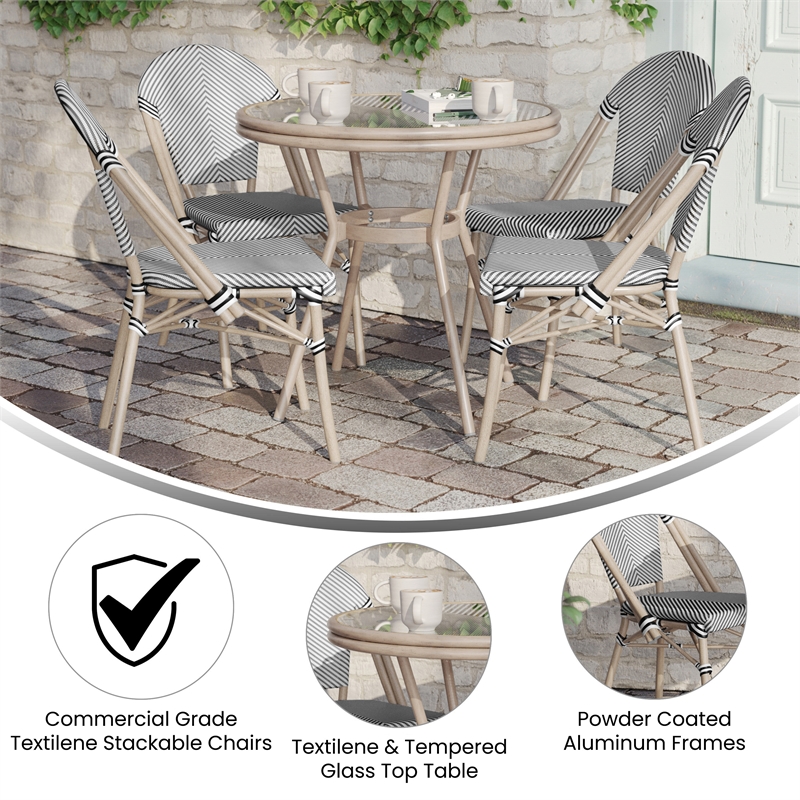 Indoor/Outdoor Commercial Bistro Set with Table and 4 Chairs in Blk/Wht