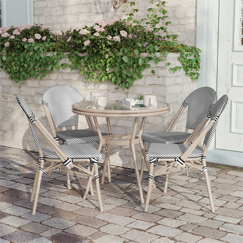 Indoor/Outdoor Commercial Bistro Set with Table and 4 Chairs in Blk/Wht