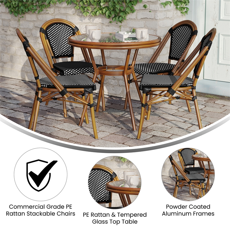 Indoor/Outdoor Commercial Bistro Set with Table and 4 Chairs in Blk/Wht