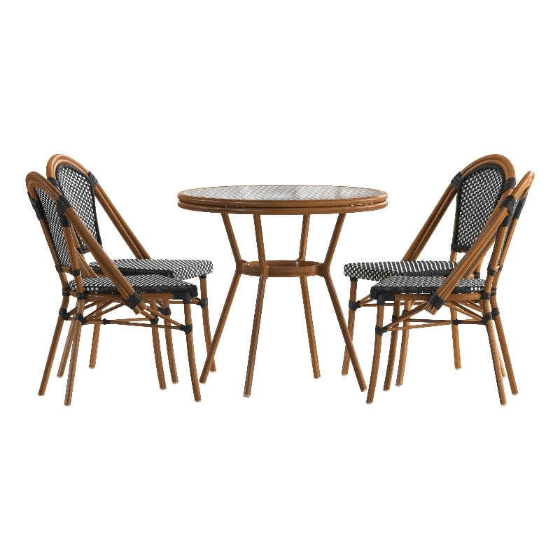 Indoor/Outdoor Commercial Bistro Set with Table and 4 Chairs in Blk/Wht