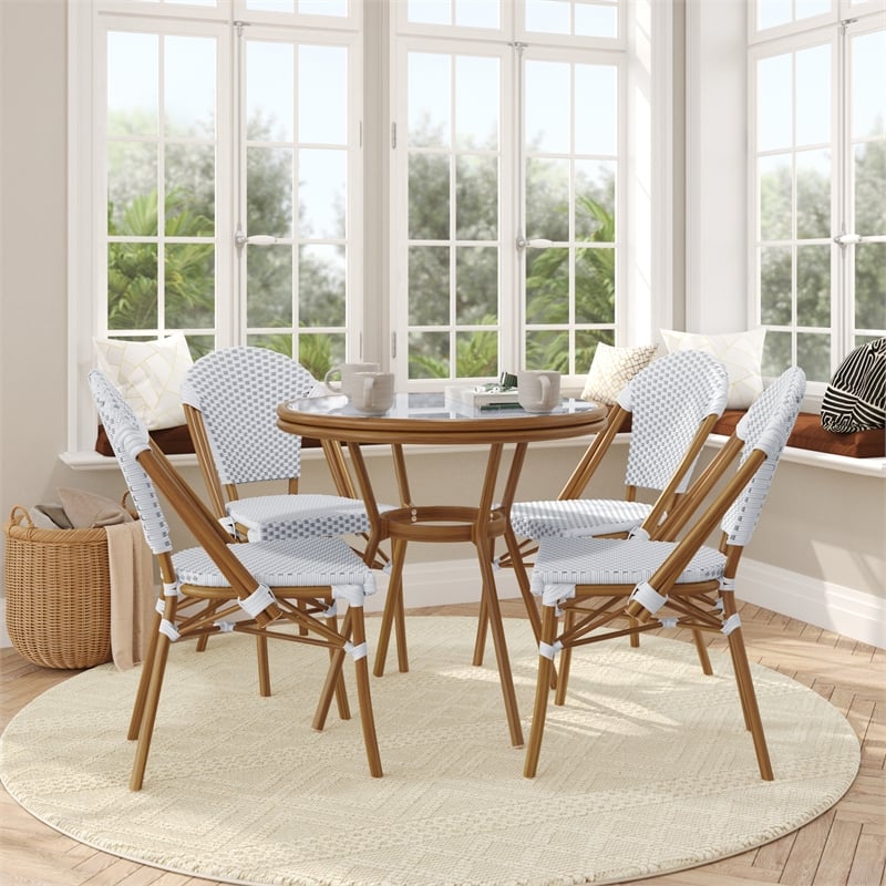 Indoor/Outdoor Commercial Bistro Set with Table and 4 Chairs in Wht/Gray