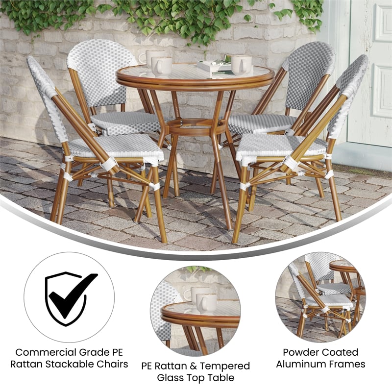 Indoor/Outdoor Commercial Bistro Set with Table and 4 Chairs in Wht/Gray