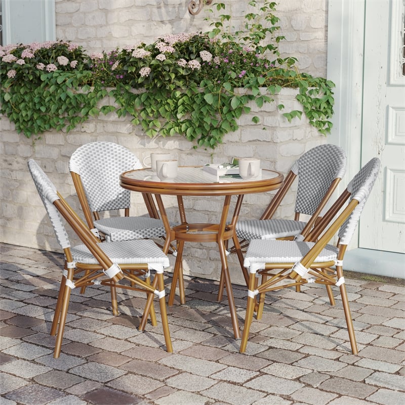 Indoor/Outdoor Commercial Bistro Set with Table and 4 Chairs in Wht/Gray