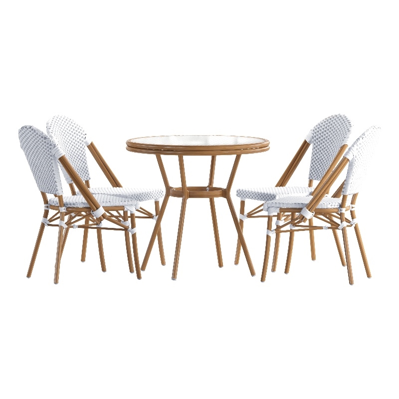Indoor/Outdoor Commercial Bistro Set with Table and 4 Chairs in Wht/Gray