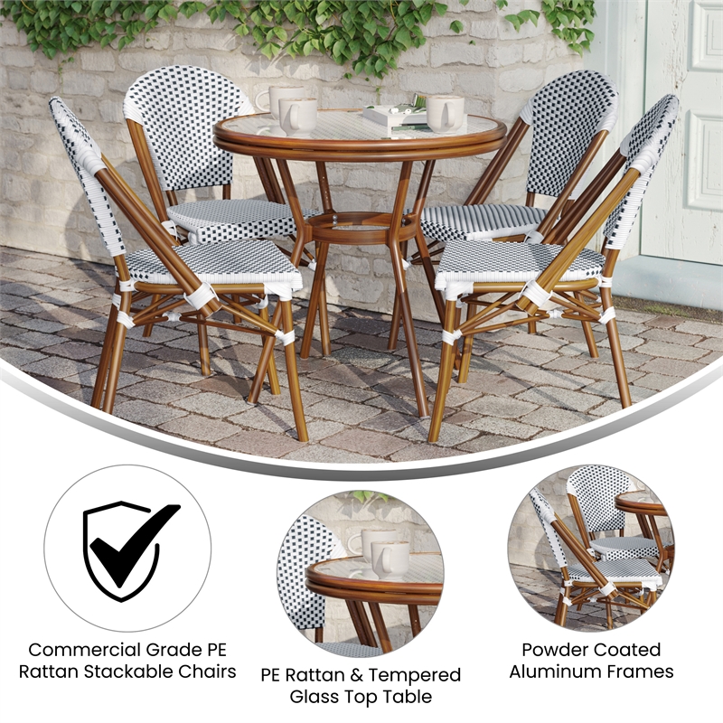 Indoor/Outdoor Commercial Bistro Set with Table and 4 Chairs in Wht/Navy