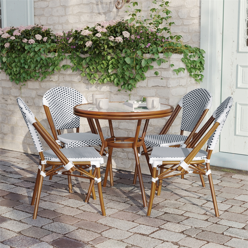 Indoor/Outdoor Commercial Bistro Set with Table and 4 Chairs in Wht/Navy