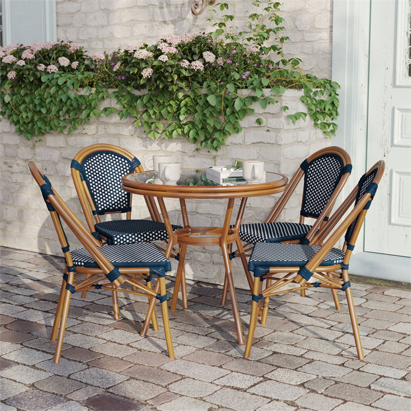 Indoor/Outdoor Commercial Bistro Set with Table and 4 Chairs in Navy/Wht
