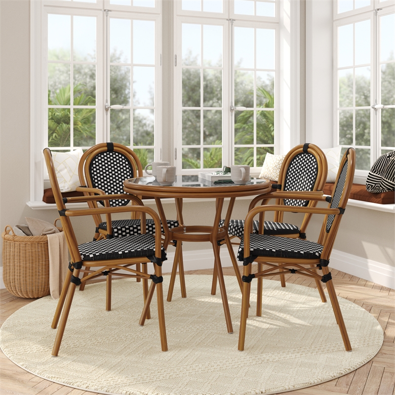 Indoor/Outdoor Commercial Bistro Set with Table and 4 Chairs in Blk/Wht