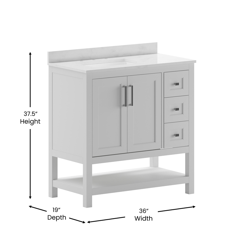 36 Inch Bathroom Vanity with Sink Open Storage and Storage Drawers in White