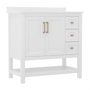 36 Inch Bathroom Vanity with Sink Open Storage and Storage Drawers in Wht/Gold