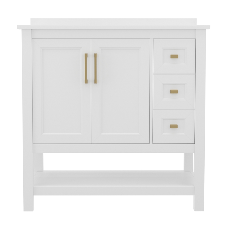 36 Inch Bathroom Vanity with Sink Open Storage and Storage Drawers in Wht/Gold