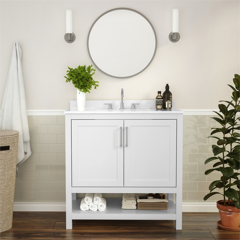 36 Inch Bathroom Vanity with Undermount Sink and Open Storage Shelf in White