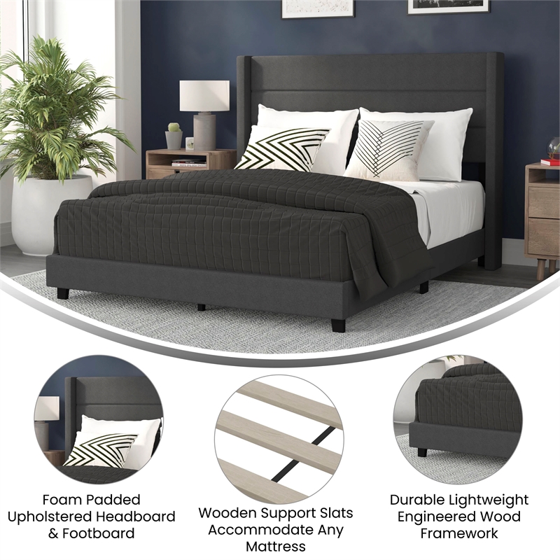 Queen Size Upholstered Platform Bed with Wingback Headboard-Charcoal Faux Linen