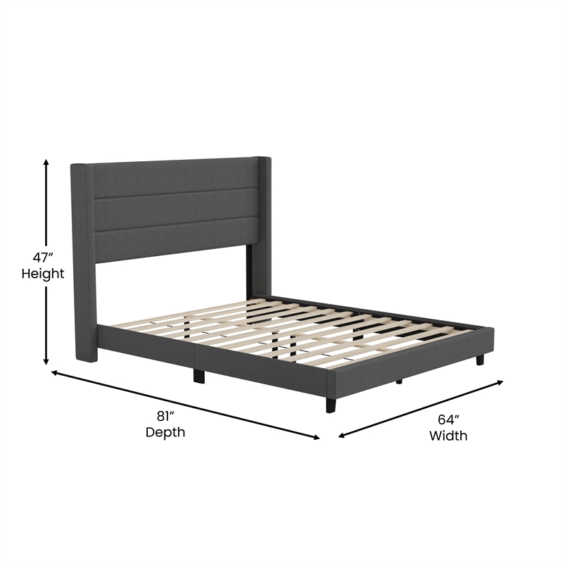Queen Size Upholstered Platform Bed with Wingback Headboard-Charcoal Faux Linen