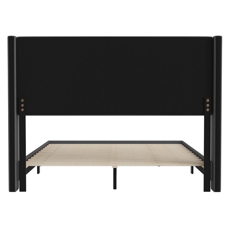 Queen Size Upholstered Platform Bed with Wingback Headboard-Charcoal Faux Linen