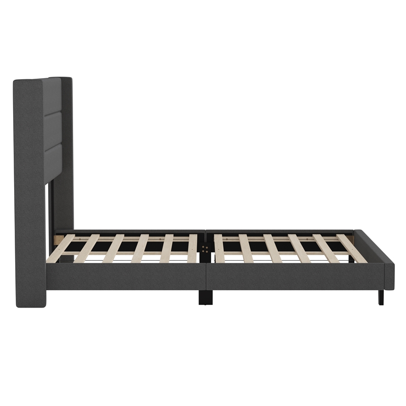Queen Size Upholstered Platform Bed with Wingback Headboard-Charcoal Faux Linen