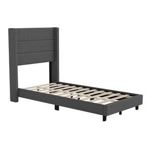 Twin Size Upholstered Platform Bed with Wingback Headboard-Charcoal Faux Linen