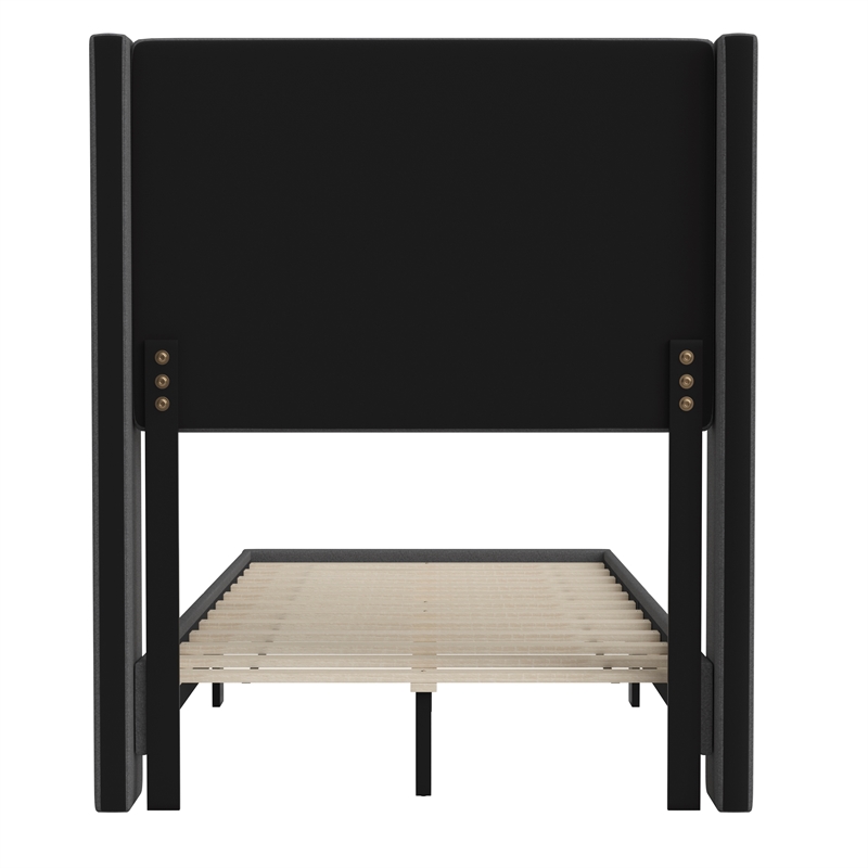 Twin Size Upholstered Platform Bed with Wingback Headboard-Charcoal Faux Linen