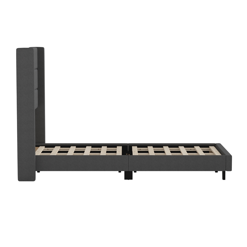 Twin Size Upholstered Platform Bed with Wingback Headboard-Charcoal Faux Linen
