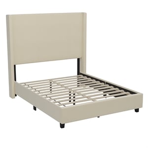Full Size Upholstered Platform Bed with Channel Stitched Headboard in Beige