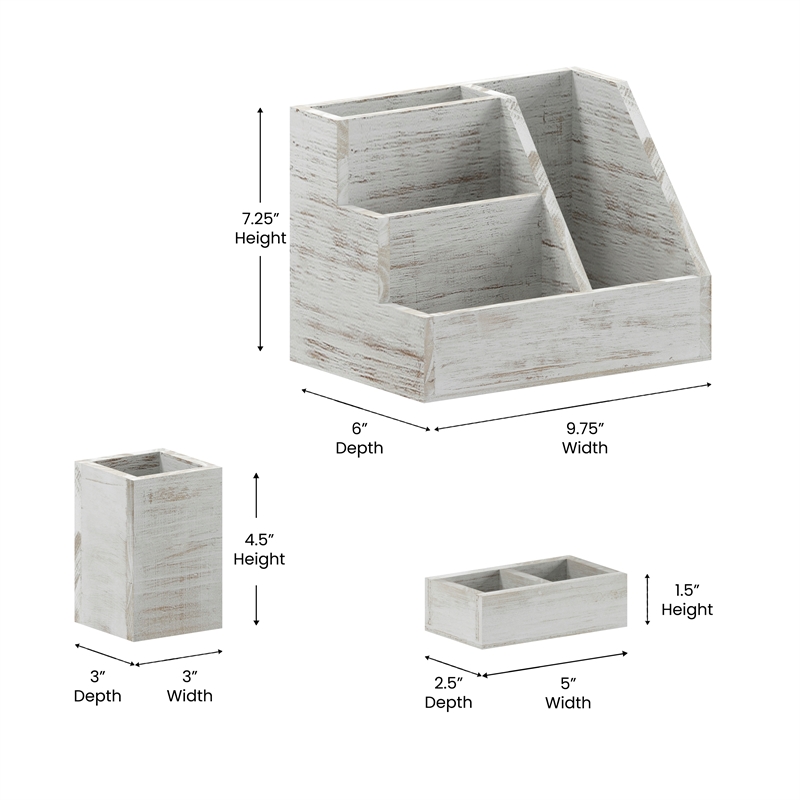 Whitewashed Wooden 3 Piece Organization Set for Desktop Tables or Vanity
