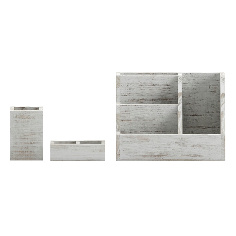 Whitewashed Wooden 3 Piece Organization Set for Desktop Tables or Vanity
