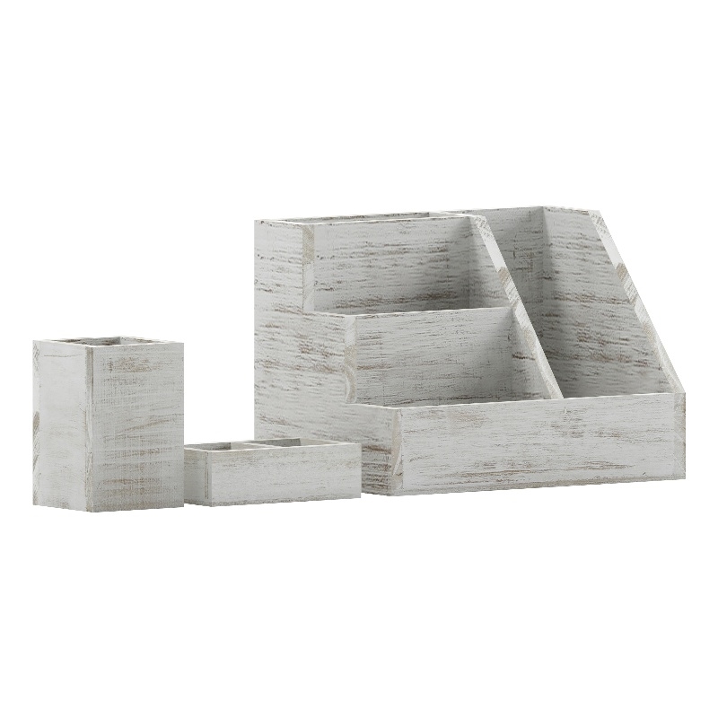 Whitewashed Wooden 3 Piece Organization Set for Desktop Tables or Vanity