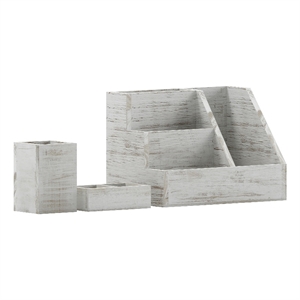 Whitewashed Wooden 3 Piece Organization Set for Desktop Tables or Vanity