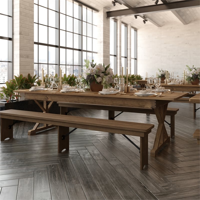 Solid Pine Farm Dining Table with X-Style Legs in Antique Rustic - 9' x 40