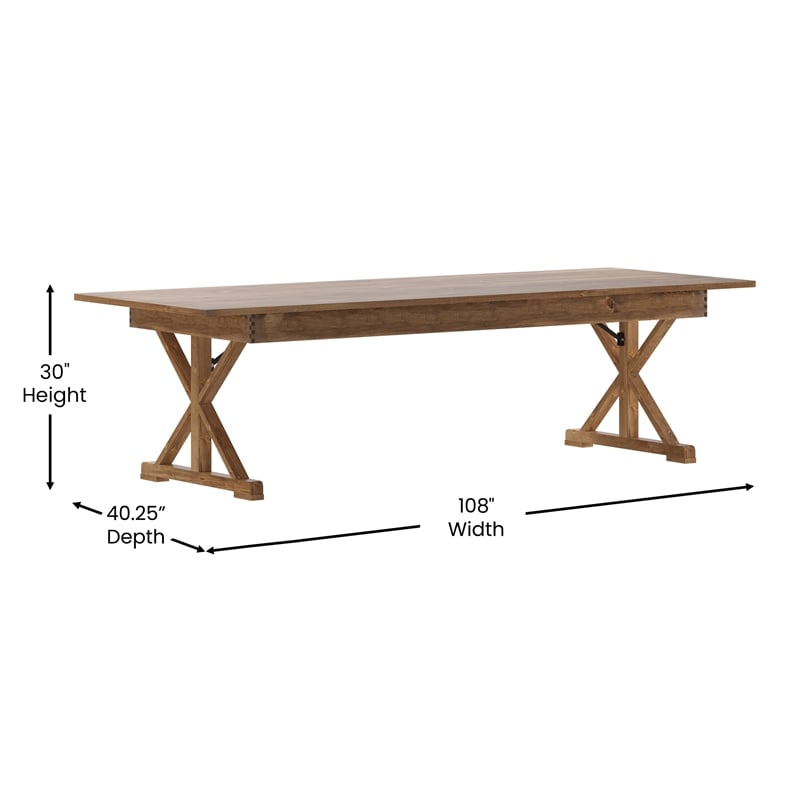 Solid Pine Farm Dining Table with X-Style Legs in Antique Rustic - 9' x 40