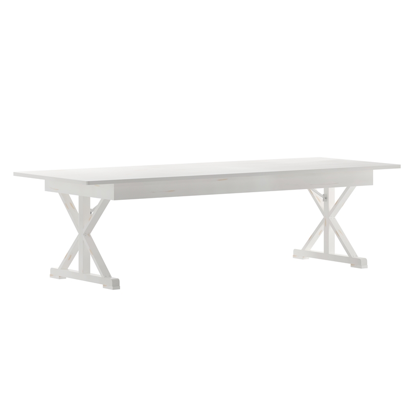 Solid Pine Farm Dining Table with X-Style Legs in Antique Rustic White-9' x 40
