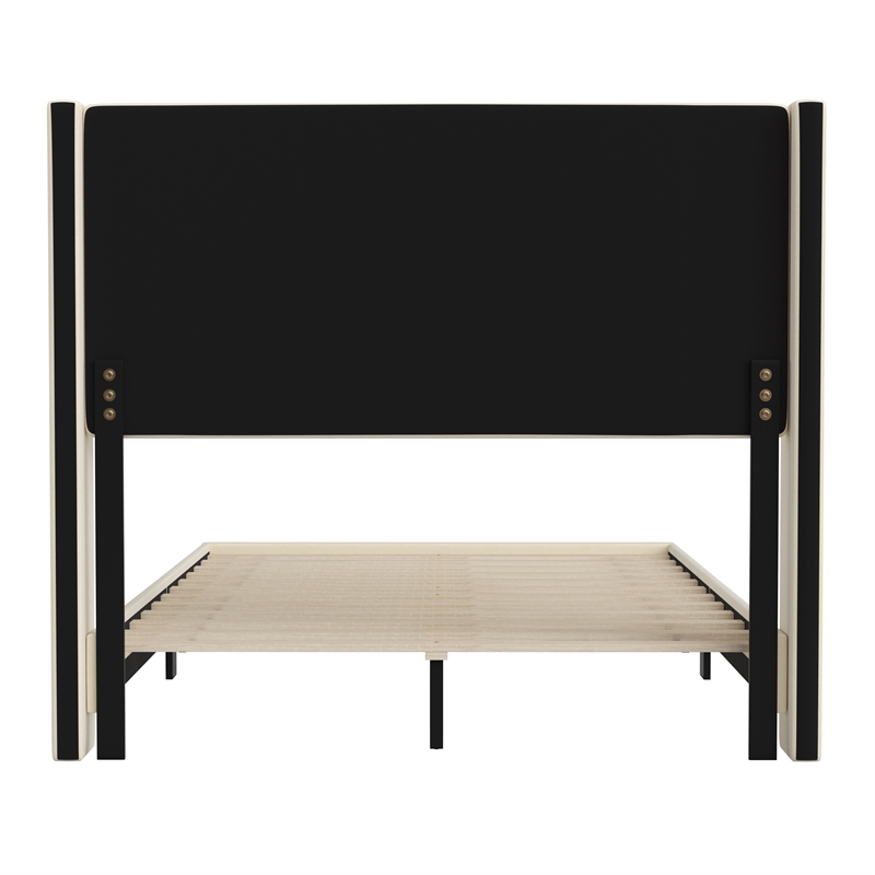 Full Size Upholstered Platform Bed with Wingback Headboard-Beige Faux Linen