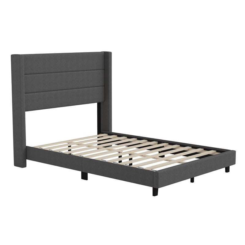 Full Size Upholstered Platform Bed with Wingback Headboard-Charcoal Faux Linen