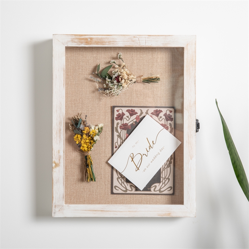 Solid Pine Whitewash Shadow Display Case with Linen Liner - 11 x 14