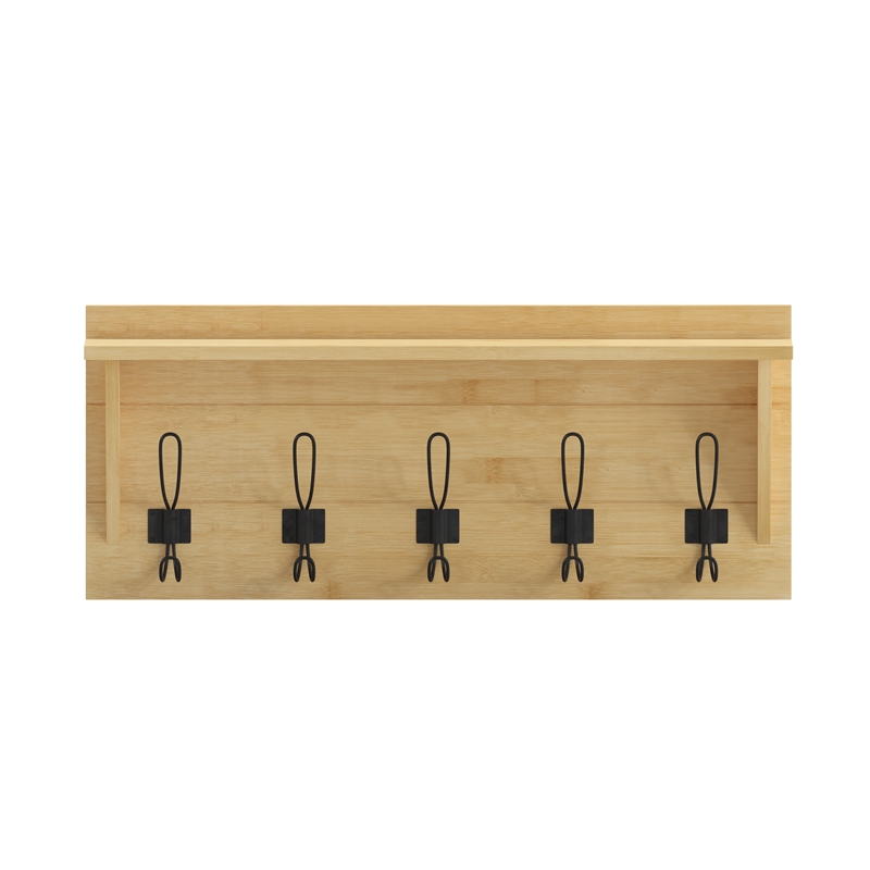 Wall Mounted Coat Rack with Upper Shelf and Coat Hooks in Bamboo Finish