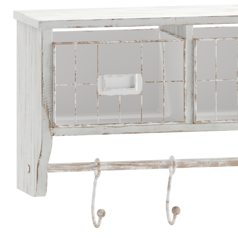 Wall Mounted Coat Rack with Upper Shelf Wire Baskets and Hooks in Whitewashed