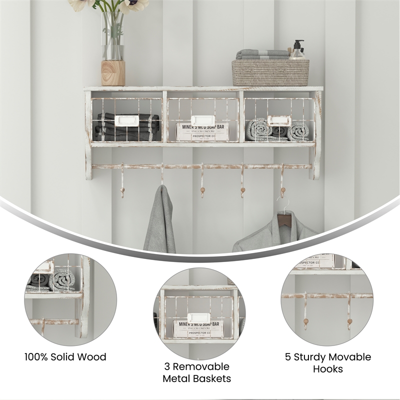 Wall Mounted Coat Rack with Upper Shelf Wire Baskets and Hooks in Whitewashed