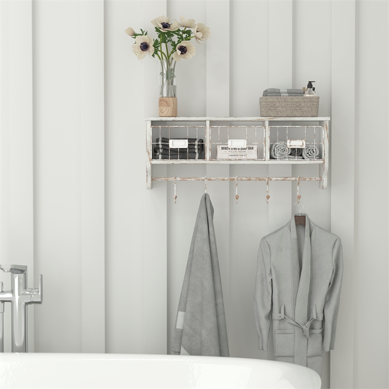 Wall Mounted Coat Rack with Upper Shelf Wire Baskets and Hooks in Whitewashed