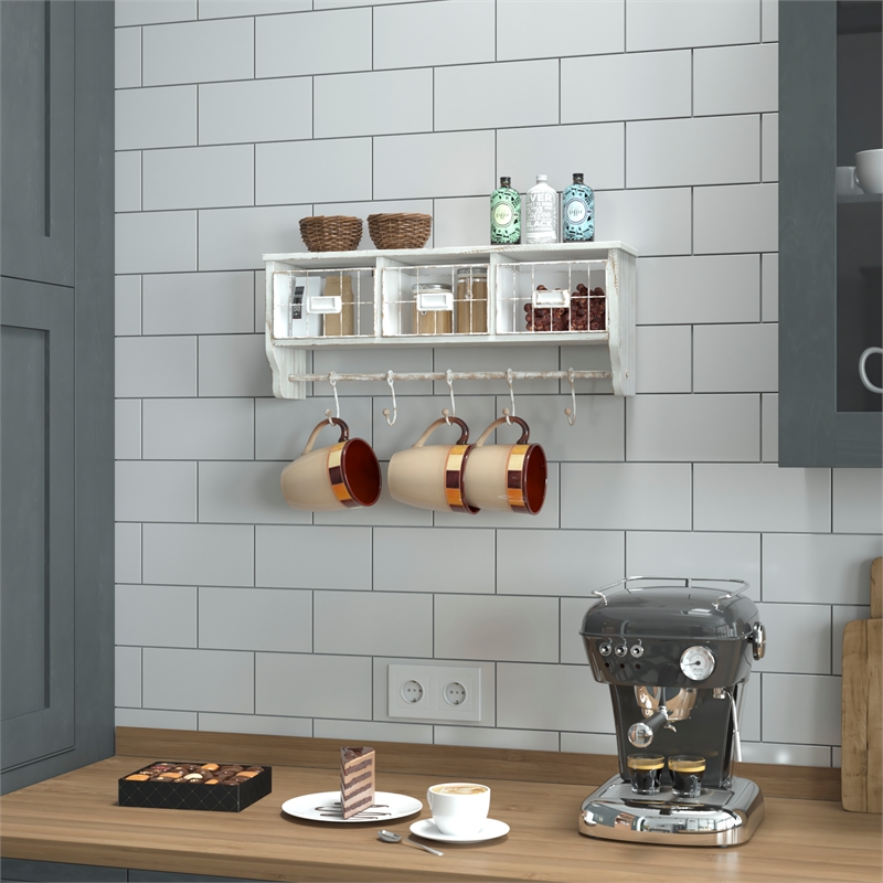Wall Mounted Coat Rack with Upper Shelf Wire Baskets and Hooks in Whitewashed