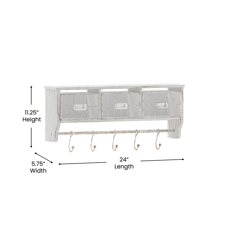 Wall Mounted Coat Rack with Upper Shelf Wire Baskets and Hooks in Whitewashed