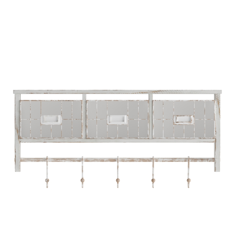Wall Mounted Coat Rack with Upper Shelf Wire Baskets and Hooks in Whitewashed
