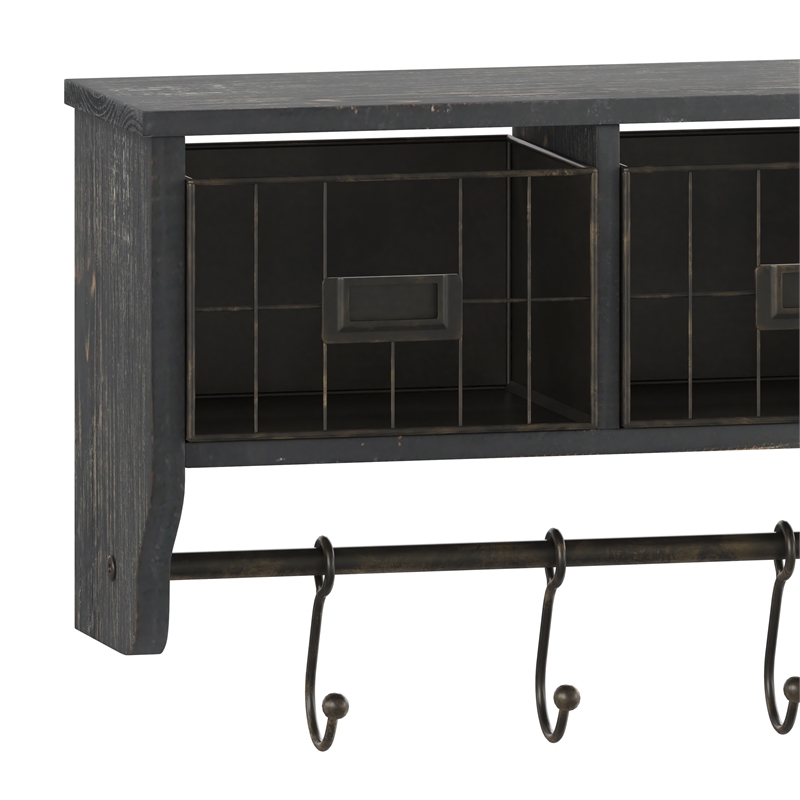 Wall Mounted Coat Rack with Upper Shelf Wire Baskets and Hooks in Blackwashed