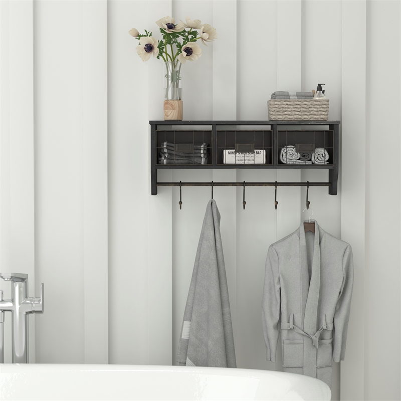 Wall Mounted Coat Rack with Upper Shelf Wire Baskets and Hooks in Blackwashed