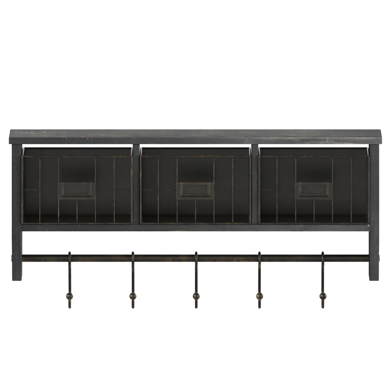 Wall Mounted Coat Rack with Upper Shelf Wire Baskets and Hooks in Blackwashed