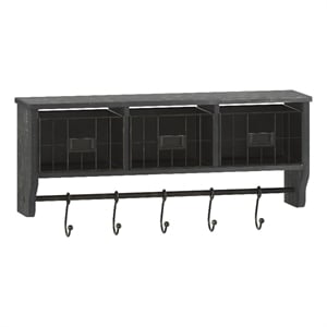 Wall Mounted Coat Rack with Upper Shelf Wire Baskets and Hooks in Blackwashed