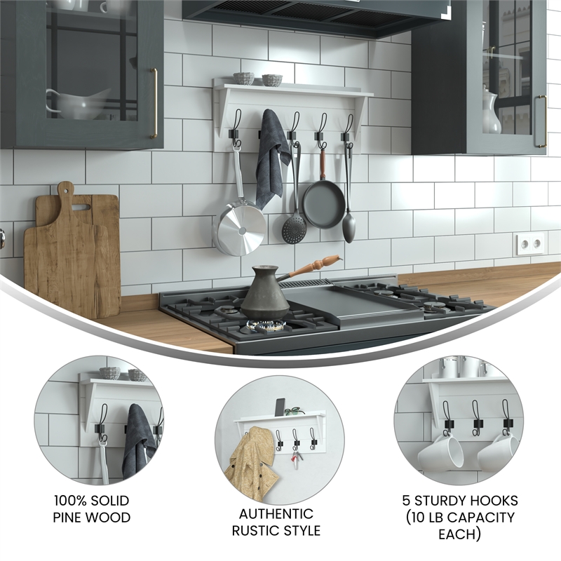Wall Mounted Coat Rack with Upper Shelf and Coat Hooks in Solid White Finish
