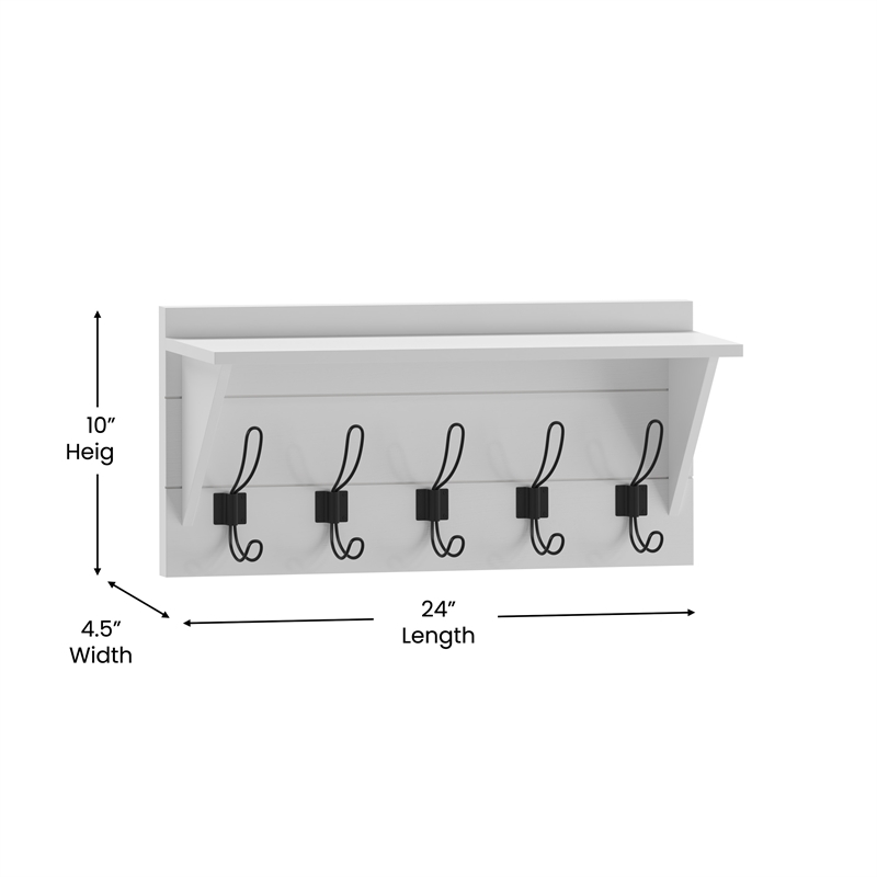 Wall Mounted Coat Rack with Upper Shelf and Coat Hooks in Solid White Finish